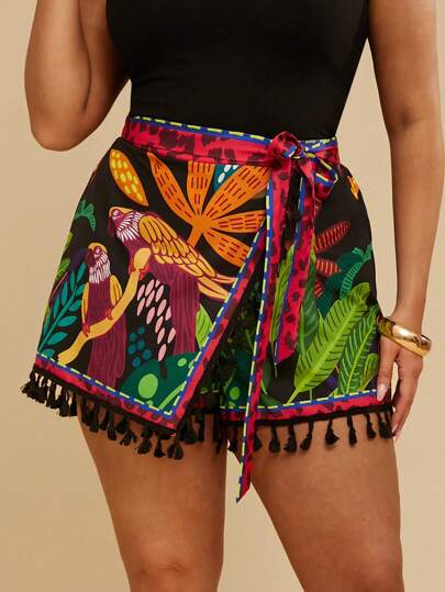 Travachic 大码女式热带印花鹦鹉设计松紧腰流苏装饰沙滩短裤，休闲度假春夏