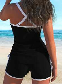Swim Lushoire Bộ đồ bơi đi biển mùa hè mới cho nữ không tay cổ tròn màu tương phản quần short có dây rút eo màu đen bộ bikini đi nghỉ thường ngày - Đen và trắng - Xem 6