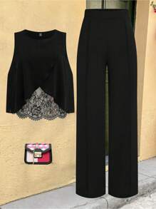 SHEIN Clasi Plus-Size Ladies' Woven Leisure Vacation Summer Two-Piece Set - Black - View 1