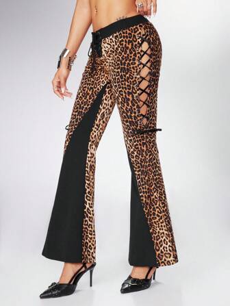 Grunge Punk Pantalon évasé patchwork imprimé léopard brillant pour festival de musique Y2K taille basse