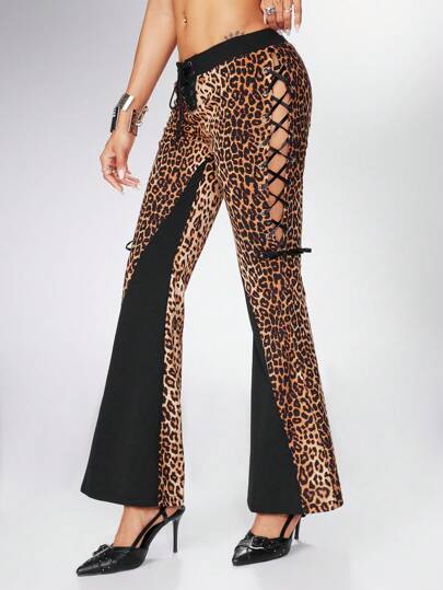 Grunge Punk Pantaloni a zampa con stampa leopardata luccicante, stile Y2K, patchwork, per festival musicali, vita bassa