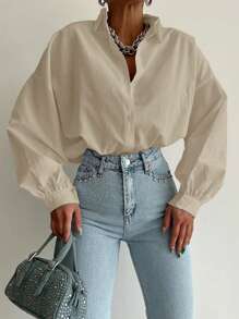 EURMUSE Camisa de algodón de frente con botones y hombros caídos