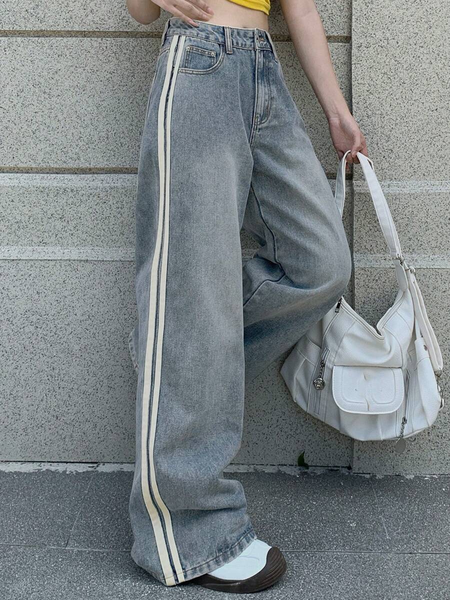 DAZY Women's Loose Fit Casual Wide Leg Jeans With Pockets, Versatile Striped Design Fall,Winter