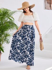 SHEIN Jupe longue décontractée pour les vacances à la plage, imprimé floral et végétal bleu et blanc, froncée, pour les adolescentes. Printemps et été