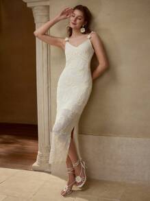 MOTF Vestido de tirantes con abertura y parches florales - Blanco - Ver 1