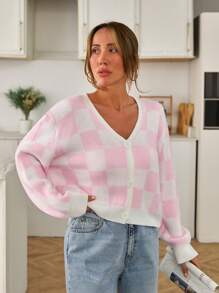 EURMUSE Cárdigan informal de mujer de cuello en V con botones, con patrón de tablero de damas en rosa - Rosa Pálido - Ver 4