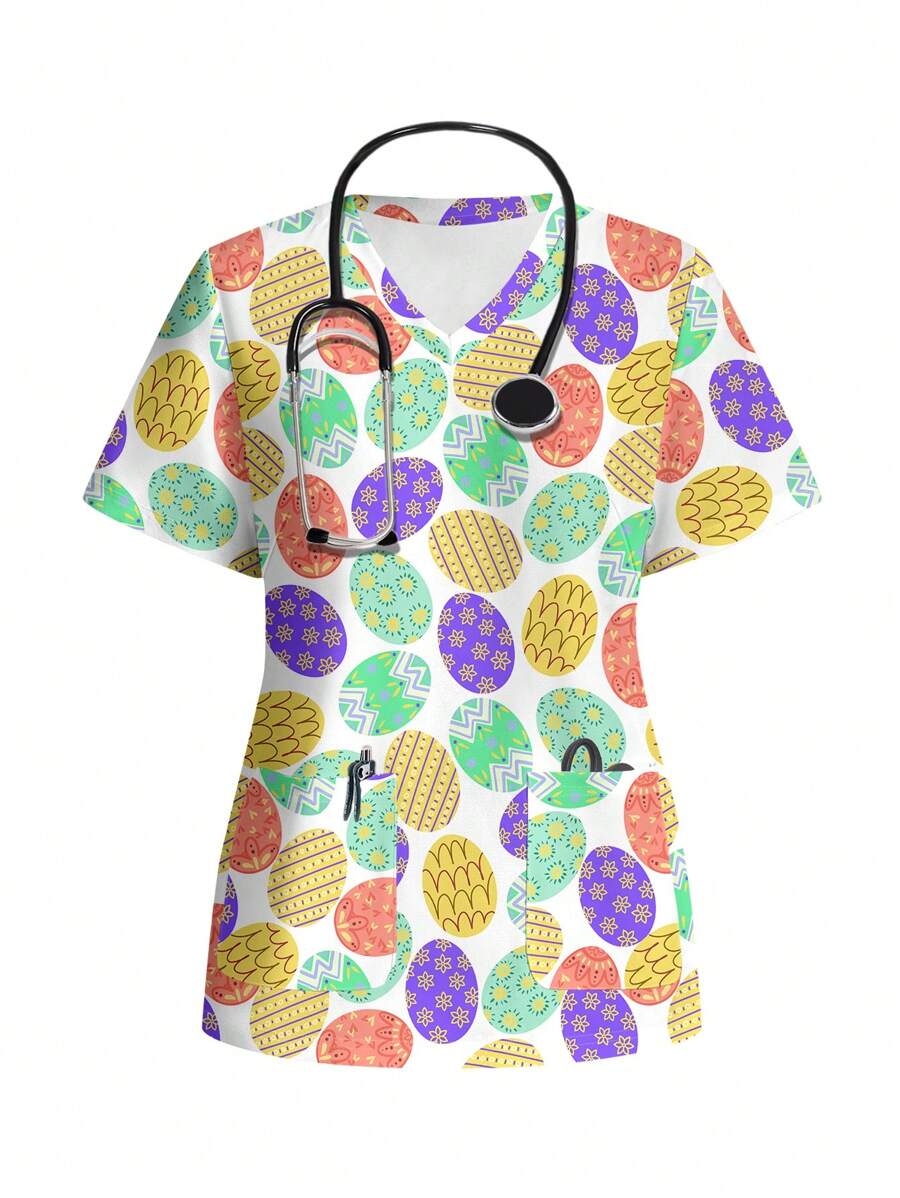 PopScrub Easter Egg Pattern & Healthcare Scrub Uniform Top - White - View 1