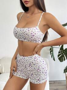 Muchica 2 Pieces Set - Ditsy Floral Camisole Tank Top & Shorts For Women - Violet Purple - View 4