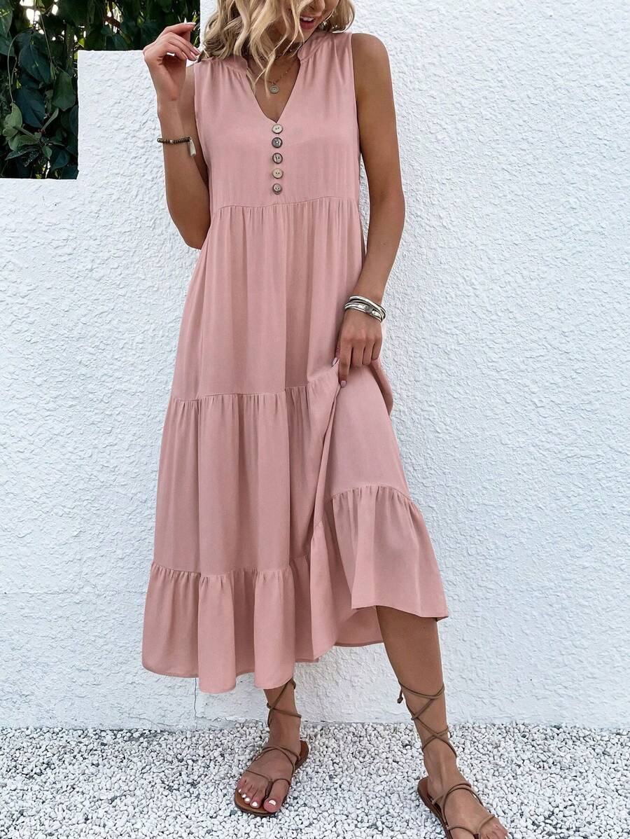 EMERY ROSE Button Detail Layered Hem Smock Dress Maxi Women Outfit - Pink - View 1