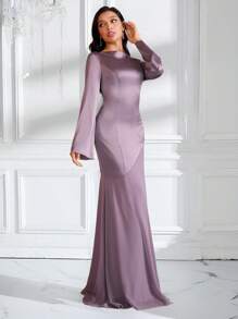 Veilorie Abito elegante da donna a sirena con maniche a sbuffo, di colore unito, ispirazione araba
