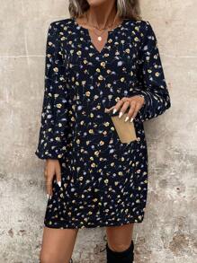 SHEIN LUNE 花卉印花女式短长袖迷你连衣裙 - 寶藍色 - 查看 3