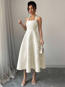 SHEIN Clasi 浪漫提花系带腰部喇叭下摆连衣裙 - 杏色 - 查看 4