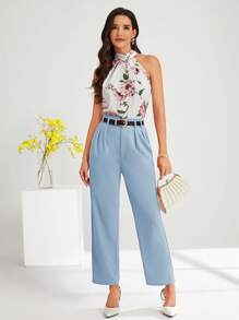 SHEIN Clasi Quần âu nữ cạp cao màu trơn thời trang thường ngày/công sở mùa thu/đông - Màu xanh nhạt - Xem 10