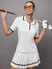 Activina 女士撞色边饰字母刺绣短袖运动 Polo 衫