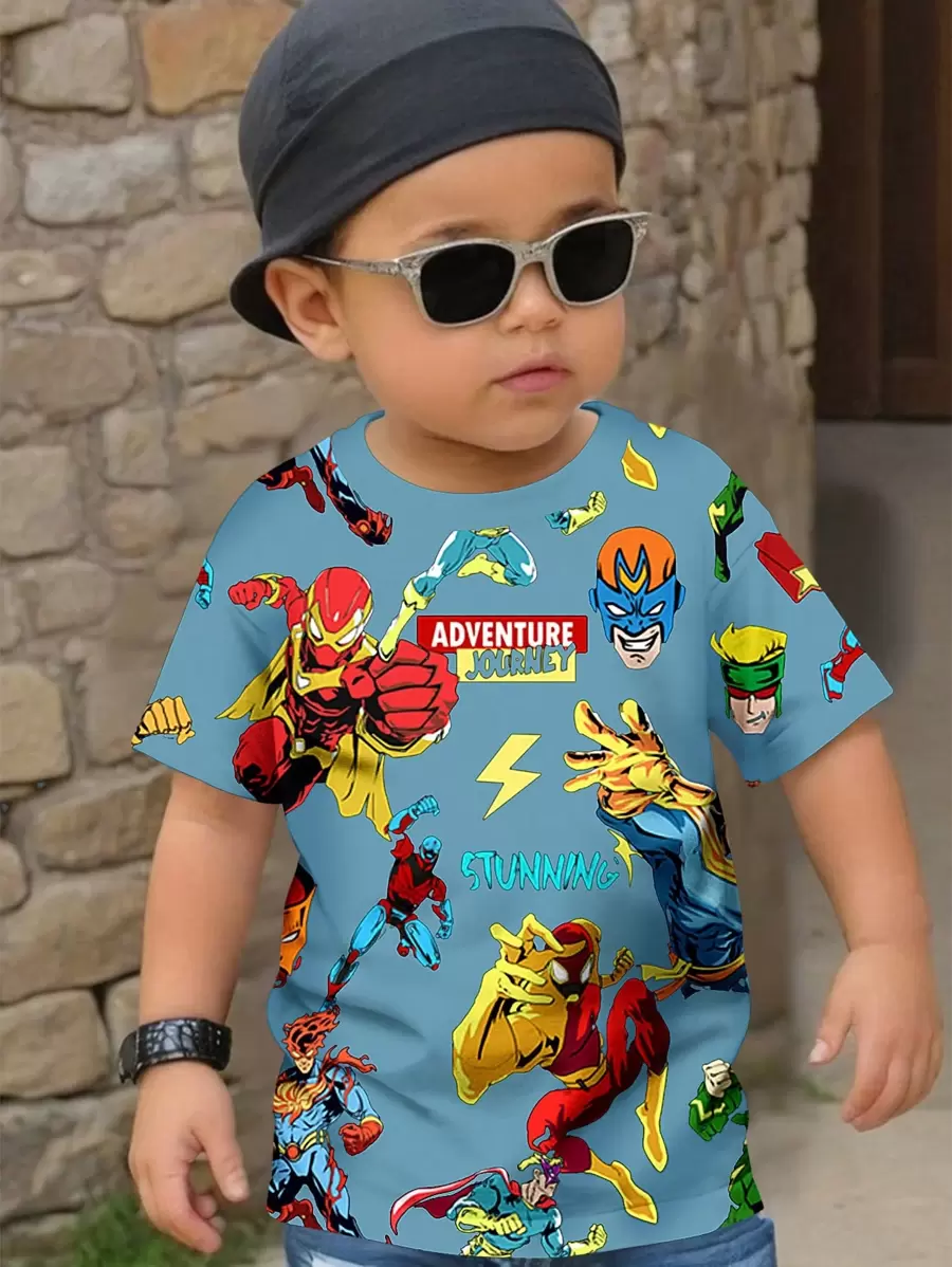 SHEIN Leap Crew 年轻男孩休闲简约圆领短袖宽松T恤，适合夏季