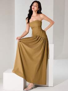 Modelyn Robe d'été élégante sans bretelles avec nœud à la taille, couleur kaki jaune. Robe de cocktail pour mariage, tenue d'été modeste pour femmes, dos nu et sexy - Kaki - Voir 4
