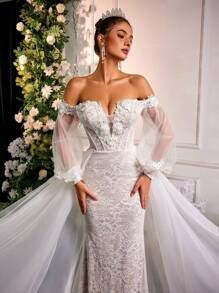 Glamrae 优雅奢华的3D刺绣蕾丝薄纱美人鱼裙摆礼服，拖尾长度，适合婚礼、派对、蜜月、新娘礼服、婚纱、情人节等场合。 - 米色 - 查看 5