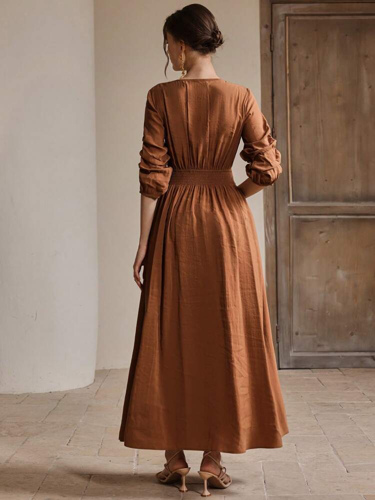 French Palace Style Vacation Beach Ruched V-Neck 3/4 Sleeve Ruffle Design Fitted Midi Dress, Elegant For Spring Festival Going Out Vacation Outfits