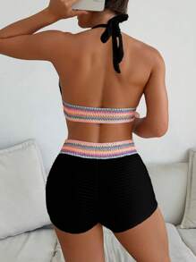 SHEIN Swim 2 件套女士春假音乐节度假休闲吊带后系带海滩比基尼泳装 - 黑色 - 查看 5