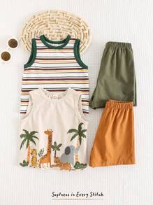 Cozy Pixies 4pcs Baby Boy Cartoon Animal Print Soft Knitted Crew Neck Sleeveless Tank Top & Elastic Waist Shorts Set
