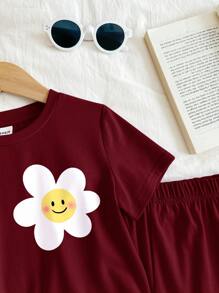 SHEIN مجموعة ملابس علوية وشورت قصيرة الأكمام بسيطة عادية للفتيات الصغيرات، مناسبة للصيف، 2 قطعة/مجموعة - الأحمر - مشاهدة 3