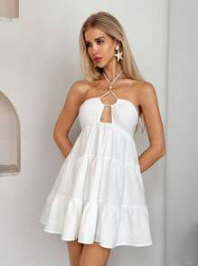 Flirla Women's White Sexy Hollow Criss-Cross Spaghetti Strap Wooden Bead Decor Simple Vintage Elegant A-Line Slip Dress, Backless Design. Perfect For Spring/Summer, Formal, Cocktail Events, And Weddings.