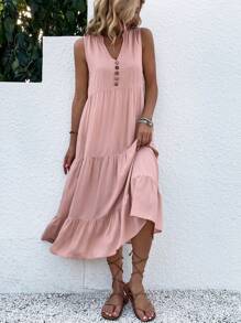 EMERY ROSE Button Detail Layered Hem Smock Dress Maxi Women Outfit - Pink - View 4