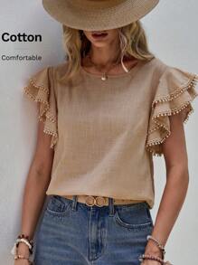 SHEIN LUNE 素色蝴蝶袖襯衫 - 杏色 - 查看 6