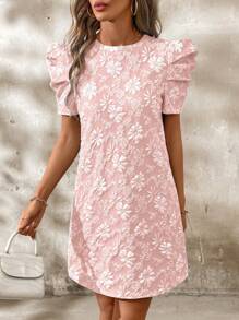 SHEIN Clasi Women's Puff Sleeve Textured Jacquard Dress - Pink - View 4