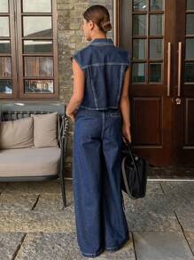 Livesso Women's Single-Breasted Casual Vest And Wide Leg Loose Denim Suit