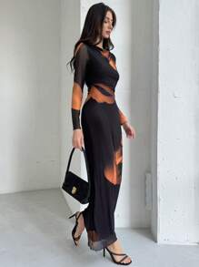 Aloruh Elegant Neck Long Sleeve Autumn/Winter Tie Dye Mesh Print Party Cocktail Dress