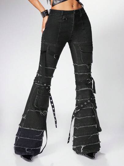 Grunge Punk Jeans évasés à taille basse, coupe slim, style délavé et usé pour festival de musique punk, pour femmes