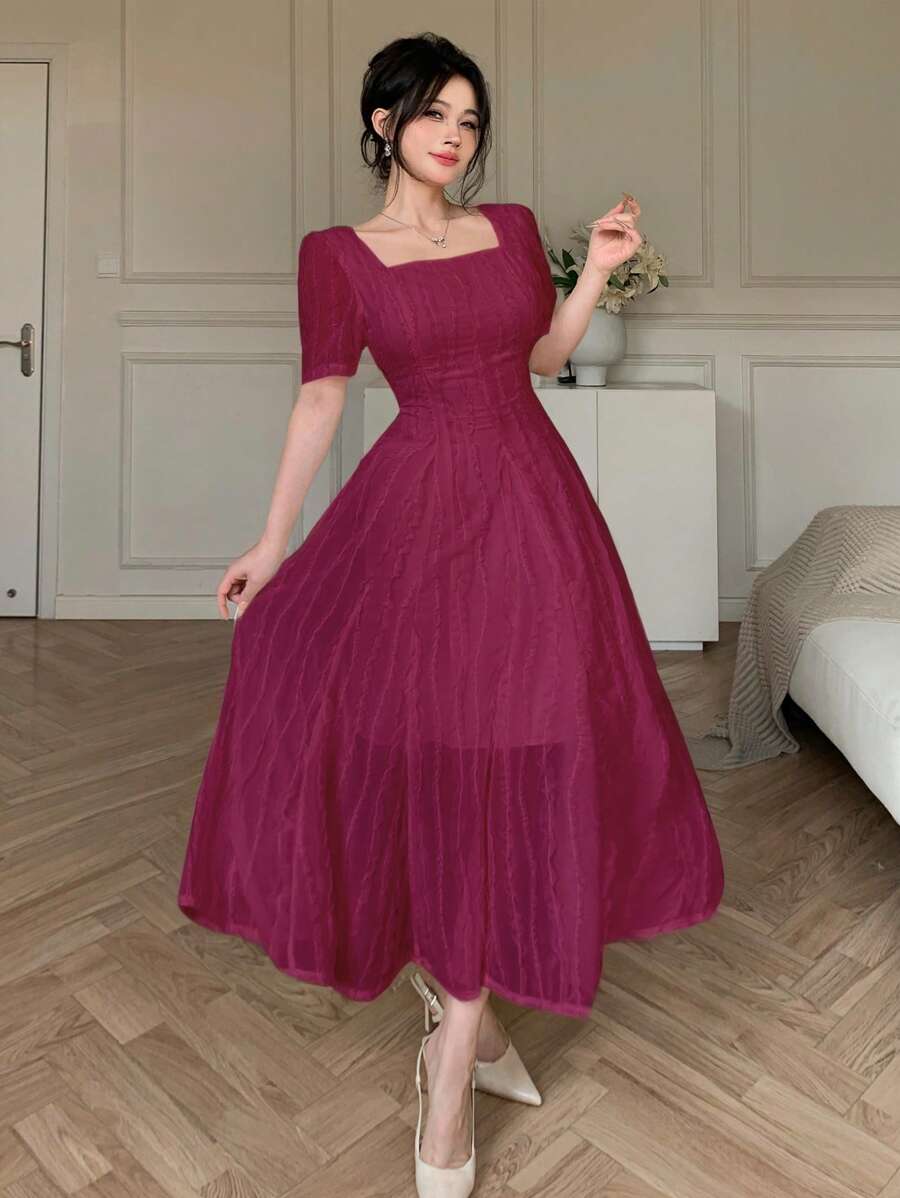 DAZY Women's Elegant Solid Color Textured Waist Dress Summer Elegant Sundress