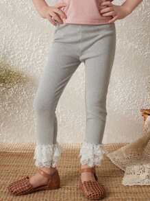 Blossori 年轻女孩优雅灰色蕾丝边针织紧身裤，春/夏