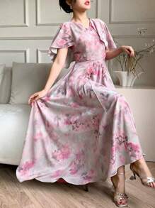 DAZY V-Neck Floral Print Ruffle Sleeve Mid-Calf Length Dress For Women,Fall Dress Long Sleeve Dress Vacation Outfits Women - Pink - View 1