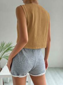 SHEIN Essnce Summer Casual Minimalist Solid Color Wide Strap Round Neck Cropped Tank Top - Brown - View 2