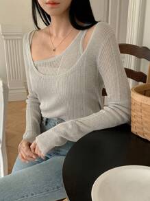 DAZY 2pcs/Set Women Asymmetrical Design Camisole And Sweater, Girlish Look Fall - Light Grey - View 7