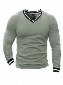 Manfinity Homme 男士休闲条纹 V 领长袖 T 恤，秋季 - 淺灰色 - 查看 5