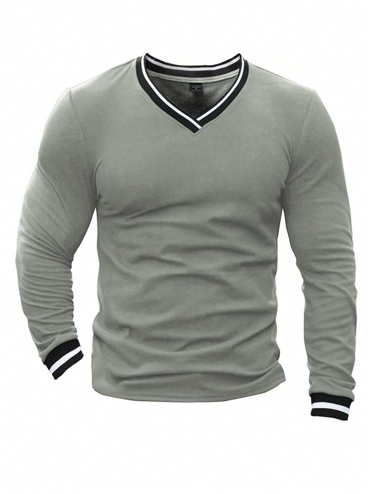Manfinity Homme 男士休闲条纹 V 领长袖 T 恤，秋季 - 淺灰色 - 查看 5