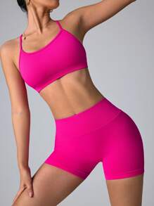 Slayform Conjunto de top de tirantes racer y shorts sin costuras, diseño de tirante, control de abdomen y elevación de glúteos, apto para yoga, fitness, correr - conjunto de entrenamiento para mujer - Rosa Fucsia - Ver 4