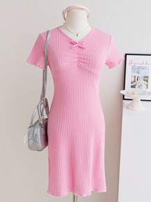 Wildeya Tween-Mädchen Kleid, elegantes, süßes, kurzärmliges Minikleid aus Strick mit Schleife, rosa Kleid, geeignet für Sommer und Frühling, passend für Party und Urlaub