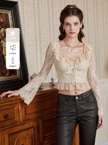 SHEIN MOD 女性緊身合身蕾絲紋鈴袖T卹，帶荷葉邊方領和腰部束帶 - 杏色 - 查看 1