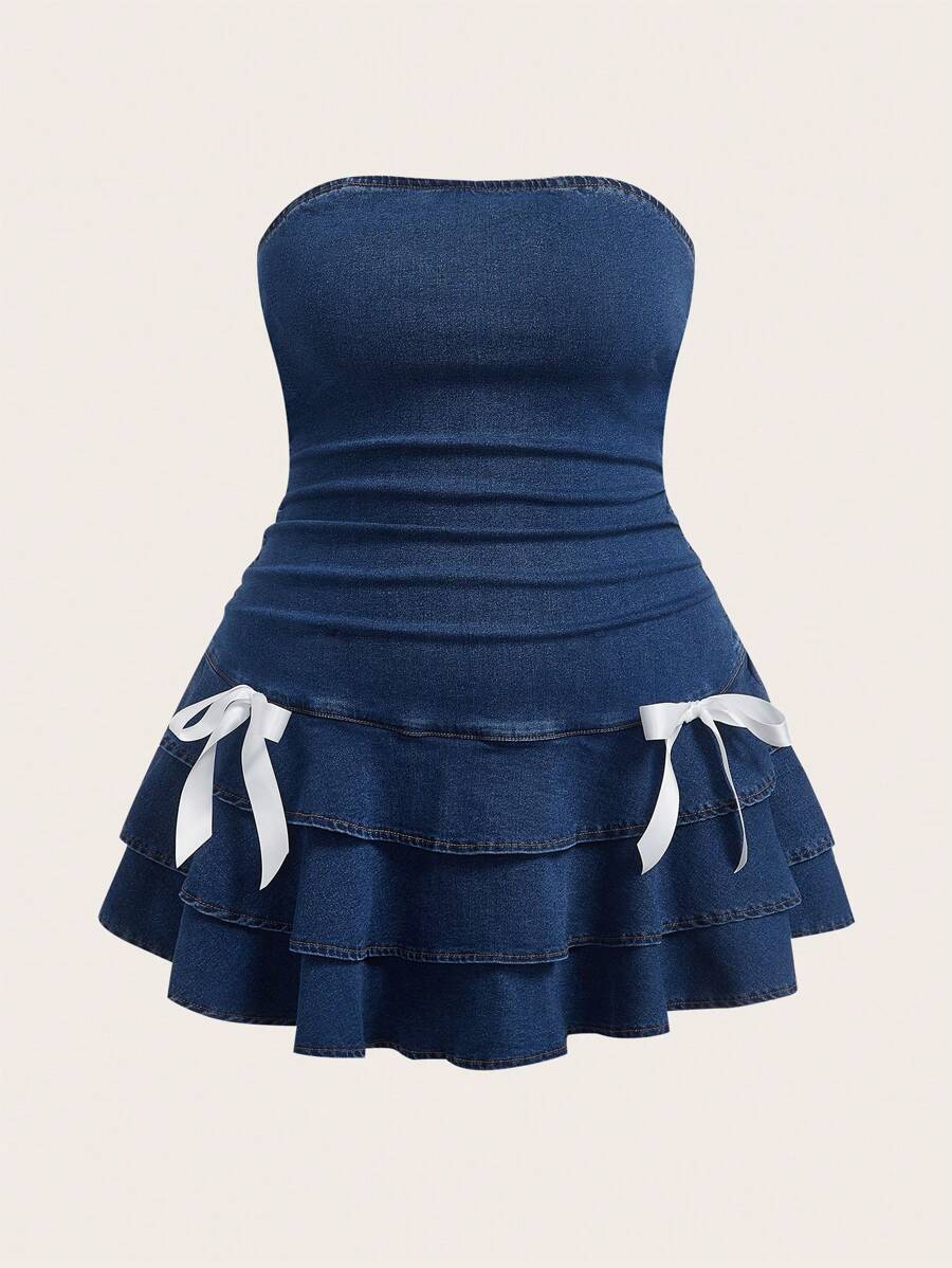 SHEIN EZwear 大码荷叶边下摆蝴蝶结点缀紧身牛仔连衣裙 - 藍色 - 查看 1