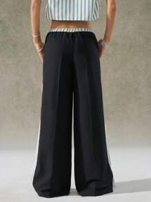 LYSMO Casual Commuter Super Oversized Wide-Leg Pants With Side Stripes And Waistband Details - Black - View 2
