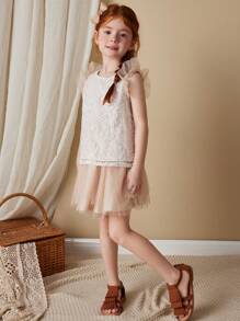 Blossori Young Girls French-Style Elegant White Organza Embroidered Blouse And Mesh Skirt 2 Pieces Set, Spring/Summer - Pink - View 6