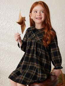 Blossori 女童休闲格子灯笼袖连衣裙，春/秋 - 黑色 - 查看 6