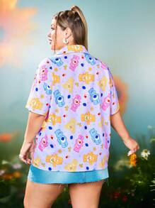 SHEIN X Care Bears Plus Size Summer Casual Bear Print Short Sleeve Shirt - Purple - View 2