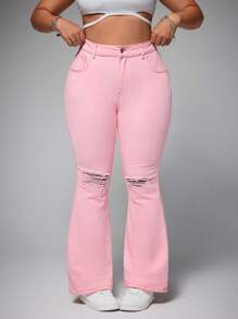 SHEIN EZwear Plus Size Casual Solid Distressed Slim Flared Leg Jeans - Baby Pink - View 1