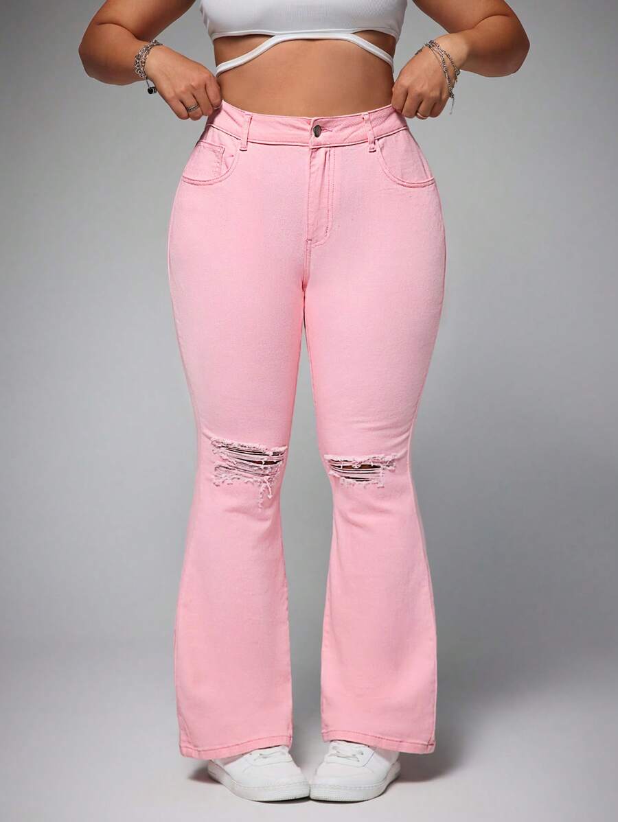 SHEIN EZwear Plus Size Casual Solid Distressed Slim Flared Leg Jeans - Baby Pink - View 1