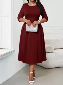 SHEIN Lady Spring And Summer Autumn And Winter Elegant Commuting Office Baby Blue Knitted Round Neck Flared Ruched Ruched Three Quarter Length Sleeve Plus Size Dresses Elegant Women Dresses Classy Outfits - Burgundy - View 5